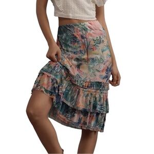 Anthropologie Maeve Ruffled Mesh Midi Skirt Floral Botanical Pattern